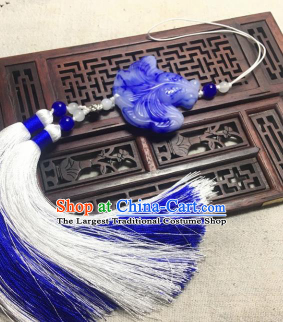 Traditional Chinese Hanfu Blue Jade Carving Waist Accessories Tassel Pendant Ancient Swordsman Brooch