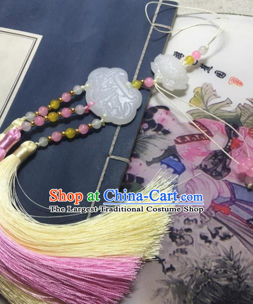 Traditional Chinese Hanfu White Jade Carving Waist Accessories Palace Tassel Pendant Ancient Swordsman Brooch
