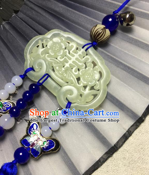 Traditional Chinese Hanfu Jade Carving Plum Lock Waist Accessories Palace Blue Tassel Pendant Ancient Swordsman Brooch