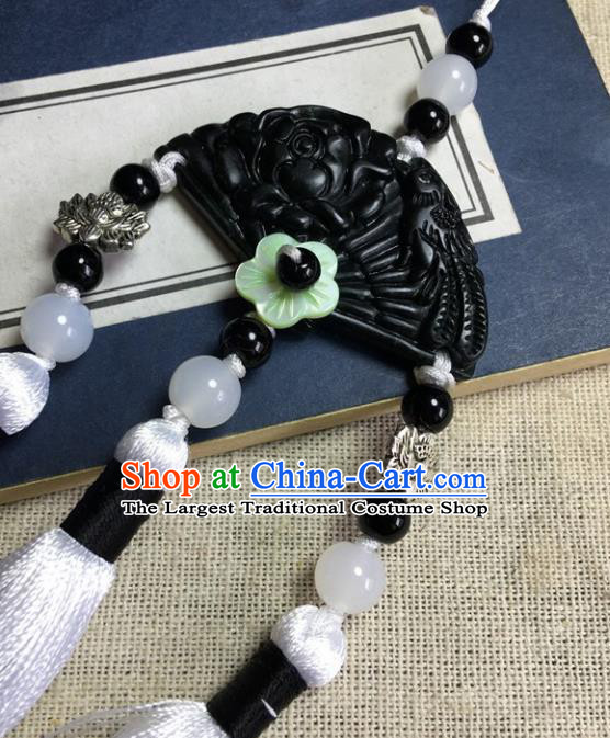 Traditional Chinese Hanfu Black Jade Carving Fan Waist Accessories Palace Tassel Pendant Ancient Swordsman Brooch
