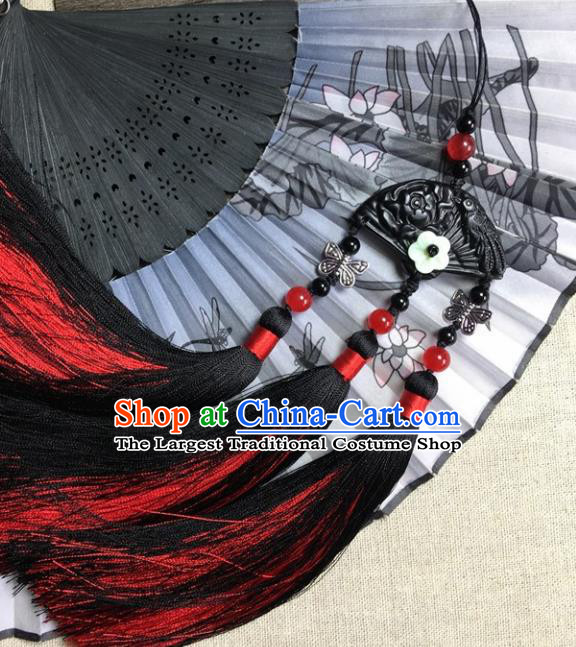 Traditional Chinese Hanfu Black Jade Carving Fan Waist Accessories Palace Red Tassel Pendant Ancient Swordsman Brooch