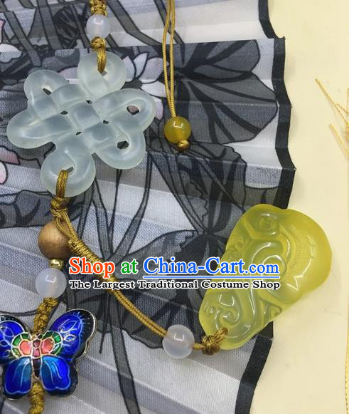 Traditional Chinese Hanfu Jade Carving Knot Waist Accessories Palace Yellow Tassel Pendant Ancient Swordsman Brooch