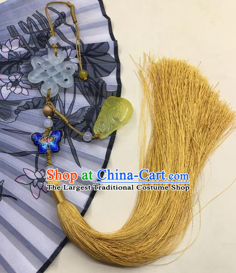Traditional Chinese Hanfu Jade Carving Knot Waist Accessories Palace Yellow Tassel Pendant Ancient Swordsman Brooch