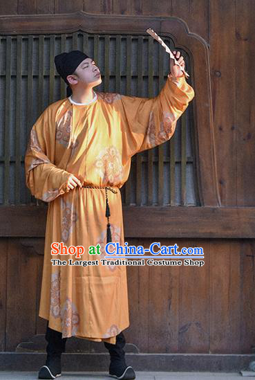 Traditional Chinese Tang Dynasty Imperial Bodyguard Merchant Replica Costumes Ancient Civilian Orange Robe for Men