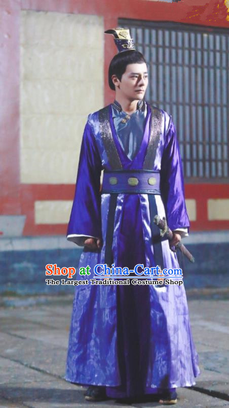 Chinese Ancient Drama Jia Feng Xu Huang Swordsman Su Yu Costumes Traditional Tang Dynasty Prince Purple Hanfu Clothing for Men