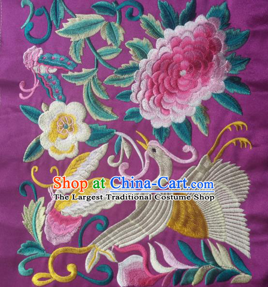 Chinese Traditional Embroidered Peony Crane Purple Applique National Dress Patch Embroidery Cloth Accessories