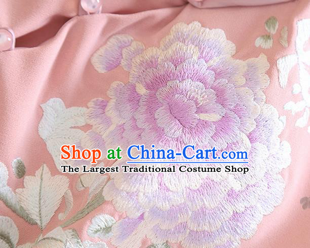Chinese Traditional Tang Suit Embroidered Peony Pink Cheongsam National Costume Qipao Dress for Women
