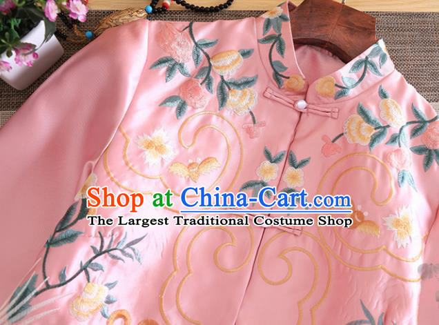 Chinese Traditional Tang Suit Embroidered Pink Coat National Costume Qipao Outer Garment for Women