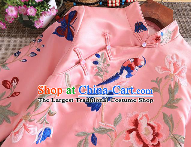 Chinese Traditional Tang Suit Embroidered Peony Pink Blouse National Costume Qipao Upper Outer Garment for Women