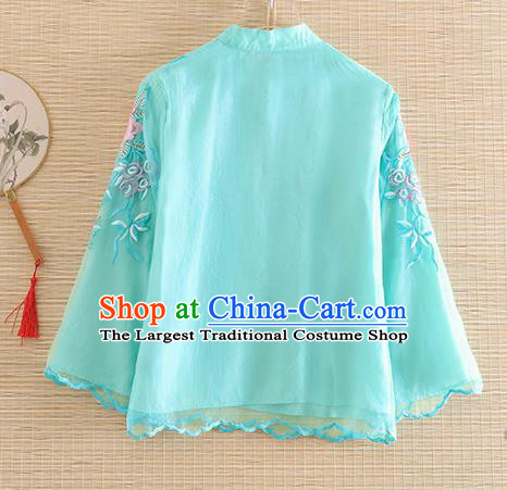 Chinese Traditional Tang Suit Embroidered Blue Blouse National Costume Qipao Upper Outer Garment for Women