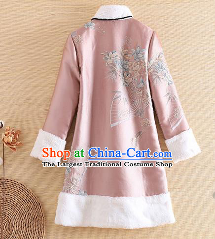 Chinese Traditional Tang Suit Printing Pink Jacket National Costume Qipao Upper Outer Garment for Women