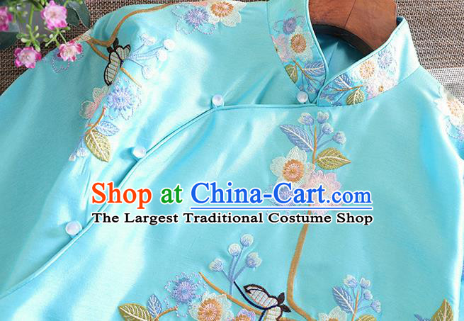 Chinese Traditional Tang Suit Embroidered Flowers Birds Blue Blouse National Costume Qipao Upper Outer Garment for Women