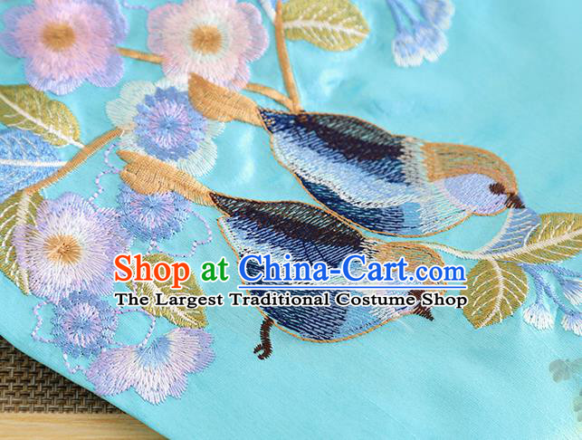 Chinese Traditional Tang Suit Embroidered Flowers Birds Blue Blouse National Costume Qipao Upper Outer Garment for Women