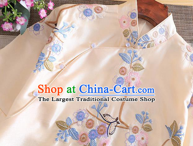 Chinese Traditional Tang Suit Embroidered Flowers Birds Apricot Blouse National Costume Qipao Upper Outer Garment for Women