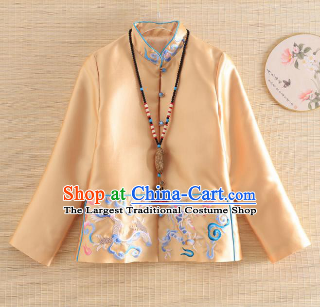 Chinese Traditional Tang Suit Embroidered Dragon Golden Jacket National Costume Qipao Upper Outer Garment for Women