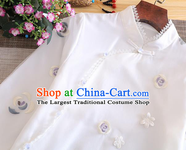 Chinese Traditional Tang Suit Embroidered White Organza Cheongsam National Costume Qipao Dress for Women