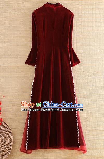 Chinese Traditional Tang Suit Embroidered Purplish Red Velvet Cheongsam National Costume Qipao Dress for Women