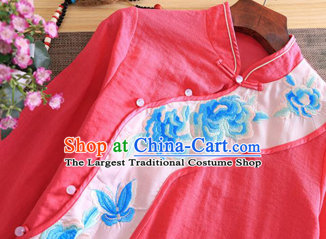 Chinese Traditional Tang Suit Embroidered Peony Peach Pink Cheongsam National Costume Qipao Dress for Women