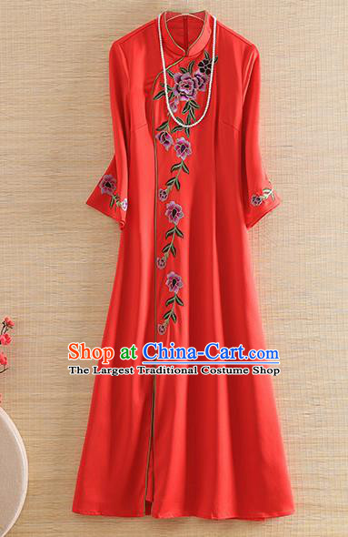 Chinese Traditional Tang Suit Embroidered Peony Red Cheongsam National Costume Qipao Dress for Women