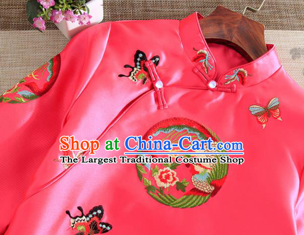 Chinese Traditional Tang Suit Embroidered Butterfly Phoenix Rosy Shirt National Costume Qipao Upper Outer Garment for Women