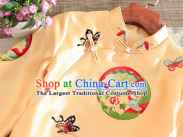 Chinese Traditional Tang Suit Embroidered Butterfly Phoenix Golden Shirt National Costume Qipao Upper Outer Garment for Women