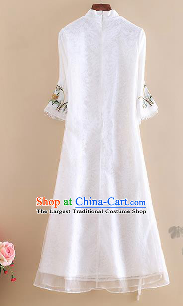 Chinese Traditional Tang Suit Embroidered White Organza Cheongsam National Costume Qipao Dress for Women