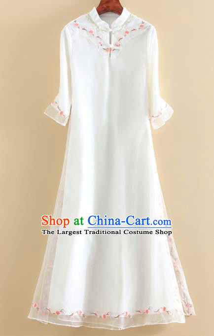 Chinese Traditional Tang Suit Embroidered Peach Flowers White Cheongsam National Costume Qipao Dress for Women