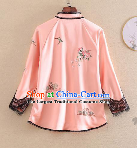 Chinese Traditional Tang Suit Embroidered Pink Shirt National Costume Qipao Upper Outer Garment for Women