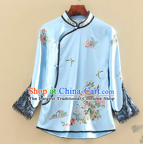 Chinese Traditional Tang Suit Embroidered Blue Shirt National Costume Qipao Upper Outer Garment for Women