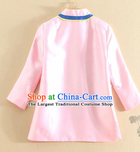 Chinese Traditional Tang Suit Embroidered Pink Satin Shirt National Costume Qipao Upper Outer Garment for Women