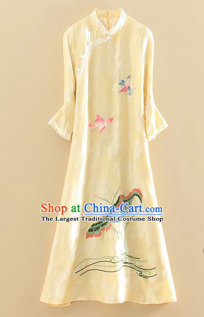 Chinese Traditional Tang Suit Embroidered Lotus Yellow Cheongsam National Costume Qipao Dress for Women