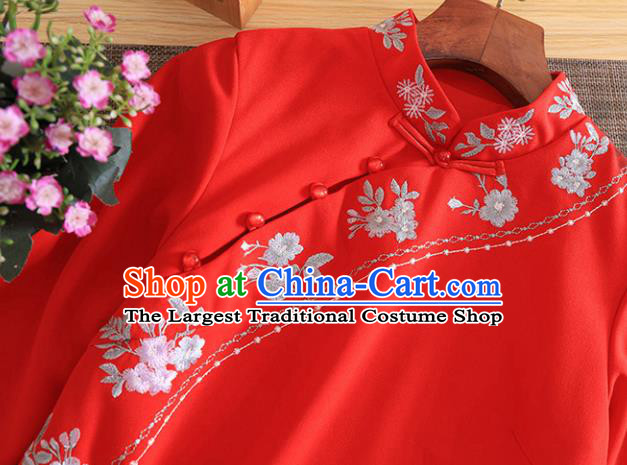 Chinese Traditional Tang Suit Embroidered Flowers Red Cheongsam National Costume Qipao Dress for Women