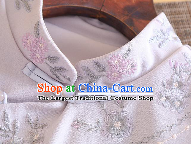 Chinese Traditional Tang Suit Embroidered Flowers Grey Cheongsam National Costume Qipao Dress for Women