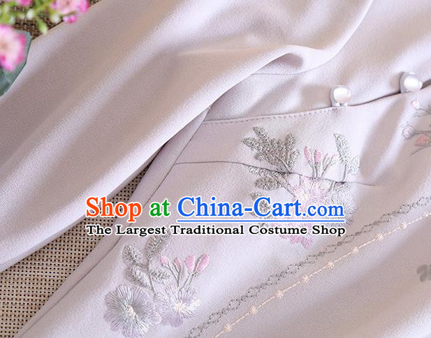 Chinese Traditional Tang Suit Embroidered Flowers Grey Cheongsam National Costume Qipao Dress for Women