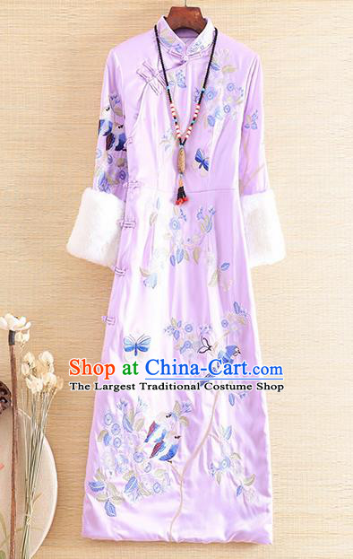 Chinese Traditional Winter Lilac Cheongsam National Costume Embroidered Qipao Dress for Women