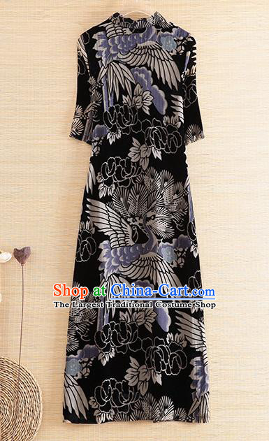 Chinese Traditional Printing Crane Pine Black Cheongsam National Costume Qipao Dress for Women