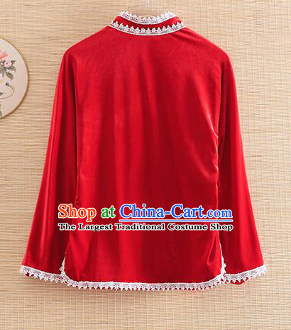 Chinese Traditional Red Velvet Blouse National Costume Qipao Upper Outer Garment for Women