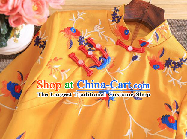 Chinese Traditional Embroidered Flowers Yellow Cheongsam National Costume Qipao Dress for Women