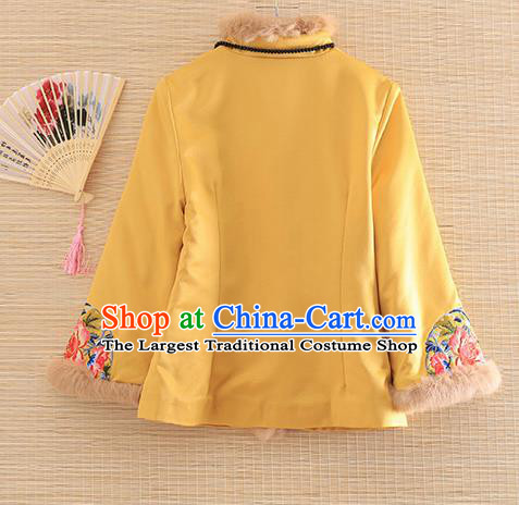 Chinese Traditional Embroidered Peony Yellow Jacket National Costume Qipao Upper Outer Garment for Women