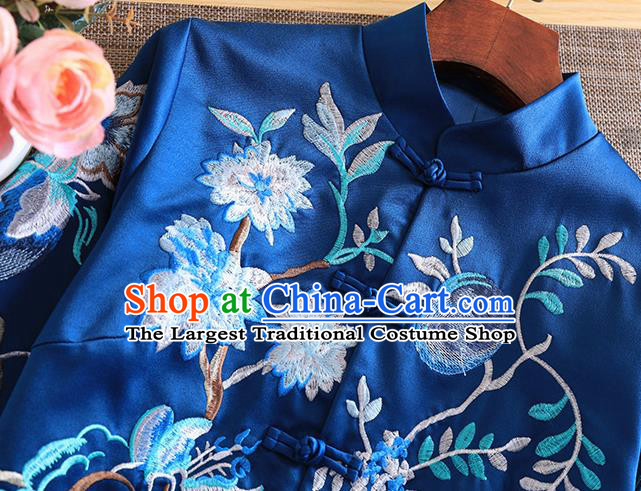 Chinese Traditional Embroidered Royalblue Jacket National Costume Qipao Upper Outer Garment for Women