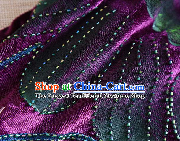 Chinese Traditional Printing Lotus Purple Velvet Cheongsam National Costume Qipao Dress for Women