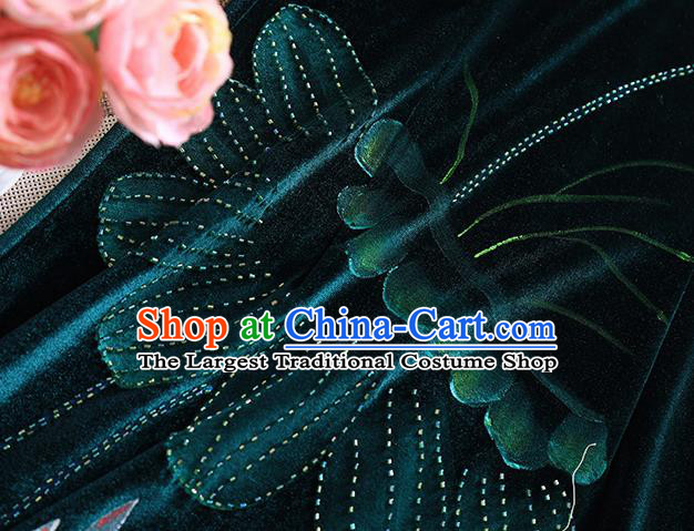 Chinese Traditional Printing Lotus Green Velvet Cheongsam National Costume Qipao Dress for Women