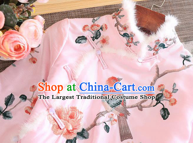 Chinese Traditional Tang Suit Embroidered Pink Cotton Padded Coat National Costume Qipao Upper Outer Garment for Women