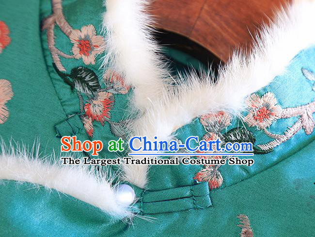 Chinese Traditional Tang Suit Embroidered Green Cotton Padded Coat National Costume Qipao Upper Outer Garment for Women