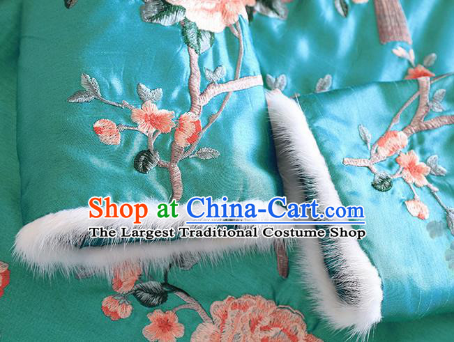 Chinese Traditional Tang Suit Embroidered Green Cotton Padded Coat National Costume Qipao Upper Outer Garment for Women