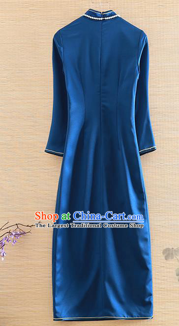 Chinese Traditional Embroidered Peony Royalblue Cheongsam National Costume Qipao Dress for Women