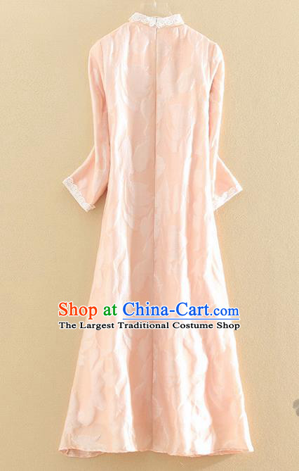 Chinese Traditional Tang Suit Embroidered Lotus Pink Cheongsam National Costume Qipao Dress for Women