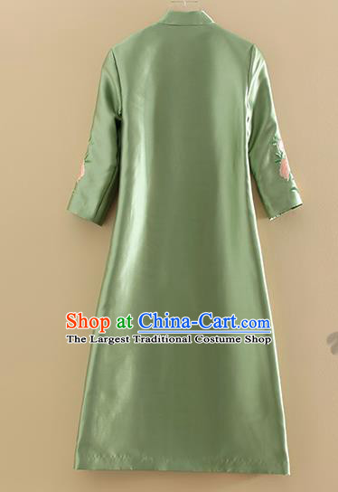 Chinese Traditional Tang Suit Embroidered Peony Crane Green Dust Coat National Costume Qipao Outer Garment for Women