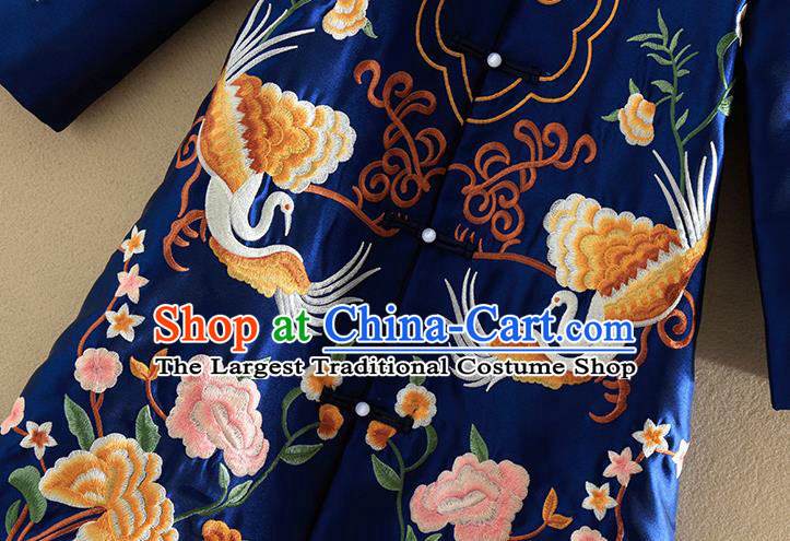 Chinese Traditional Tang Suit Embroidered Peony Crane Royalblue Dust Coat National Costume Qipao Outer Garment for Women