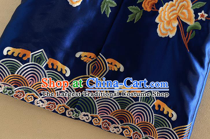 Chinese Traditional Tang Suit Embroidered Peony Crane Royalblue Dust Coat National Costume Qipao Outer Garment for Women